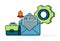 pixel line art of open email with job offer letter and notification, briefcase and gear wheel for metaphor of hiring offer. Can be