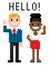 Pixel Man and Woman Waving, Hello Page Vector