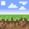 Pixel minecraft style land background. Concept of game ground pixelated horizontal background with blue sky, sun, cloud