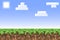 Pixel minecraft style land background. Concept of game ground pixelated horizontal background with blue sky, sun, cloud. Vector