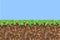 Pixel minecraft style land background. Concept of game ground pixelated horizontal seamless background with blue sky. Vector