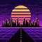 Pixel neon highway with city and sun background