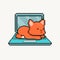 Pixel orange cat sleeping on laptop, cute pet design