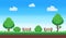 Pixel park. Retro 8 bit game blue sky, pixels trees and parks bench vector illustration