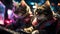 Pixel Paws: Two Cats Gaming or Hacking with Pink Glow Screens in Open Space Office AI Generated