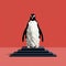 Pixel Penguin On Red Background: Hyperrealistic Composition And Absurdist Installation