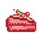 Pixel picture with a piece of cake with a berry filling and with cherry on the top.