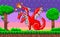 Pixel red three-headed dragon. Pixelated dinosaur with wings breathes fire in nature landscape