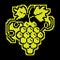 Pixel silhouette icon, juicy bunch of grapes with leaves and tendrils. Fruit diet and healthy eating. Simple black and yellow