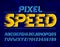Pixel Speed alphabet font. Wind effect digital letters and numbers. Pixel background.