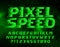 Pixel Speed alphabet font. Wind effect letters and numbers. Abstract pixel background.