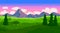 Pixel sunset landscape with fields and mountains