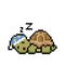 The pixel turtle sleeps wearing a hat.