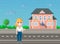 Pixel woman for old pixel-game layout stands against background of cityscape with road and building