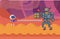 Pixelated alien in space suit with blaster shooting robot. Pixel characters with weapon are fighting