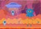 Pixelated aliens leaving dangerous planet on flying saucer. Angry blue pixel monster with one eye