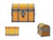 Pixelated Closed treasure vintage wooden chest set. Pixel Art. 3d Vector illustration. Different viewes. Isolated on white