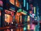 Pixelated cyberpunk streetscape with glitchy neon signs
