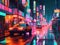 Pixelated cyberpunk streetscape with glitchy neon signs