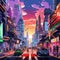 Pixelated dystopian cityscape with vibrant colors and futuristic vehicles