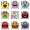 Pixelated hipster robot emoticons with simple WITH GAME OVER SIGN inspired by 90\'s computer games showing different emotions