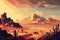 Pixelated landscape with blocky shapes and gradients in a desert color scheme