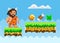 Pixelated natural landscape with caveman near pixel-game bonuses golden coin, meat bone, leaf
