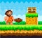 Pixelated natural landscape with caveman standing on green meadow near platform with wooden chest