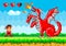 Pixelated natural landscape with ninja brave warrior fighting against red three-headed dragon