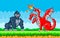 Pixelated natural landscape with red three-headed dragon fighting with fire against big gorilla