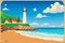 Pixelated Paradise A Landscape with Lighthouse in Pixel Art Style.AI Generated