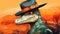Pixelated Realism: A Dinosaur Wearing A Hat In Desertwave Style