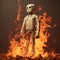 Pixelated Realism: Paper Skeleton Fire 3d Illustration With Quirky Figurative Twist