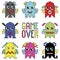 Pixelated robot emoticons with game over sign inspired by 90\'s computer games showing different emotions