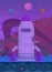 Pixelated rocket standing on unknown purple planet. Combat pixel aircraft for alien transportation