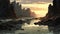 Pixelated Sunset Rocks: Majestic Artwork In The Style Of Noah Bradley