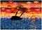 Pixelated tropical island in sunset