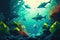 Pixelated underwater scene with blocky shapes and gradients in a blue-green color scheme
