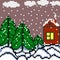 Pixels house and the forest winter landscape illustration