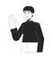 Pixie cut korean woman waving hand black and white 2D line cartoon character
