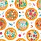 Pizza as Baked Round Dough Topped with Different Ingredient Vector Seamless Pattern Template