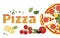 Pizza background, italy pizzeria delivery service banner design. Fresh food, pepperoni, tomato and olives. Italian