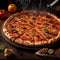 Pizza with bacon, mushrooms, cheese on a dark background AI GENERATED