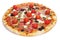 Pizza with bacon, olives, cherry tomatoes, goat cheese, green pe