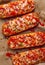 Pizza on a baguette, top view, close-up, no people, fast food, street food,