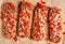 Pizza on a baguette, top view, close-up, no people, fast food, street food,