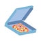 Pizza with Bitcoin symbol in the blue box. Vector illustration on the white background.