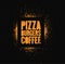 Pizza, Burgers, Coffee. Typographic stencil street art style grunge poster for cafe, bistro, pizzeria. Retro vector illustration.