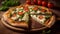 pizza caprese on the wooden plate