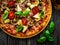 Pizza capricciosa with white mushrooms, ham, artichoke, tomatoes, olives, parmesan and mozzarella on wooden background